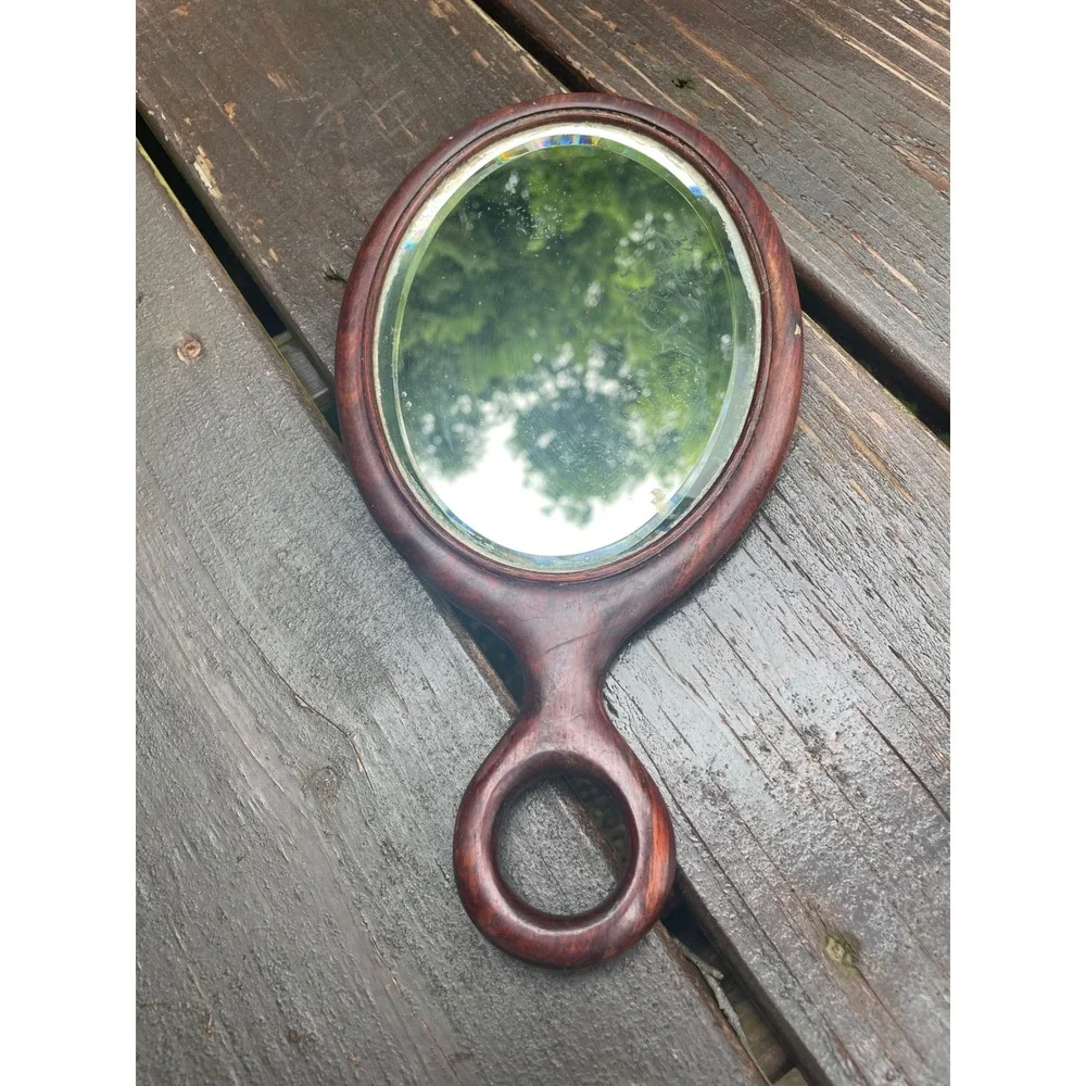 Vintage Wood Hand Mirror Beveled Oval Glass Ring Handle Brown Rosewood